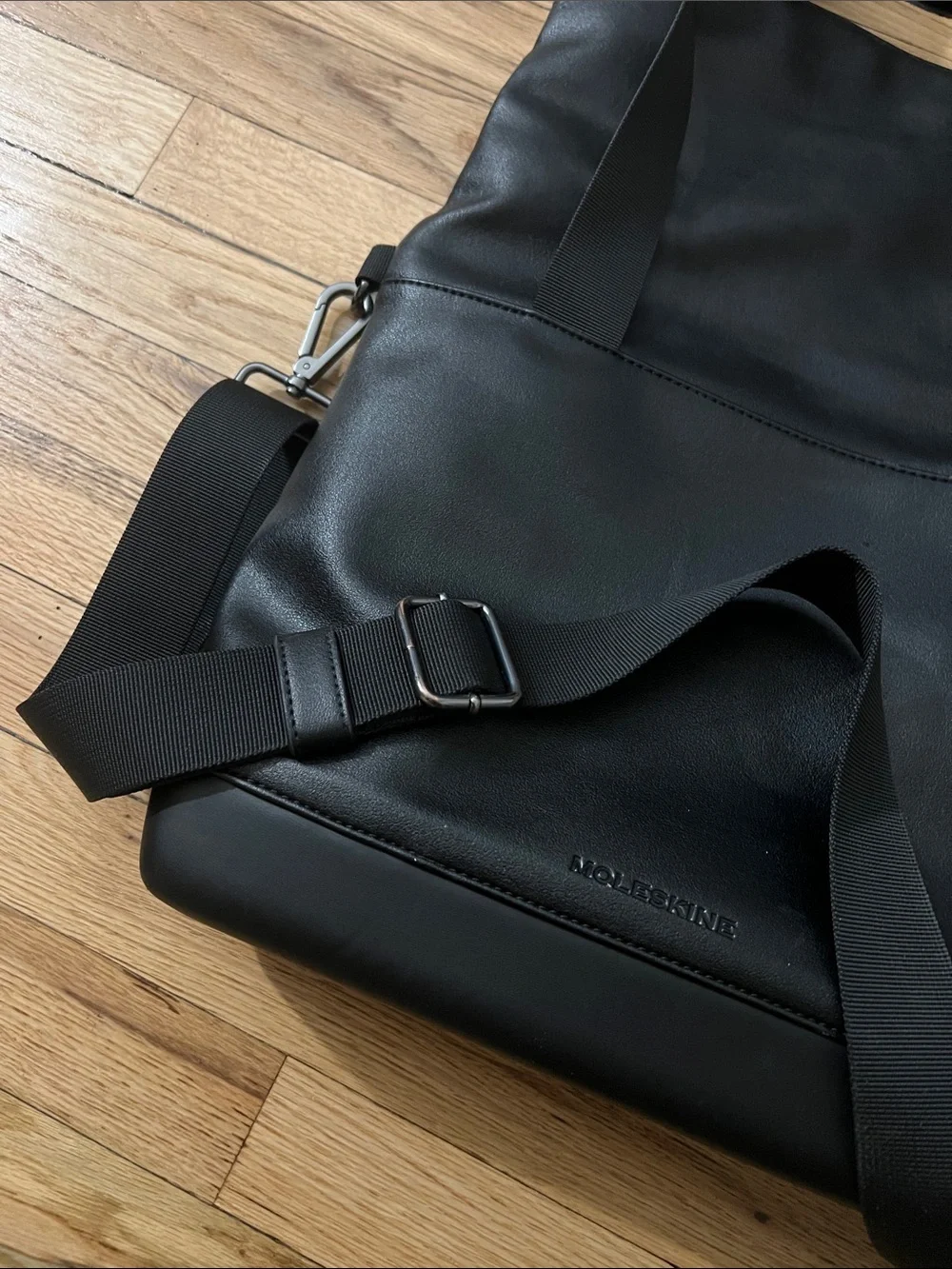 Moleskine Black Leather Messenger Tote with Detachable Strap